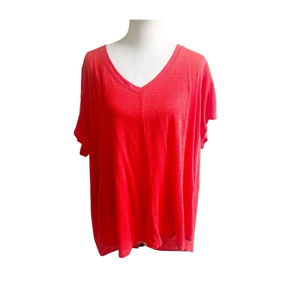 Tahari Women's Red Orange 100% Linen V-Neck Short Sleeve Tee Shirt Size 3X